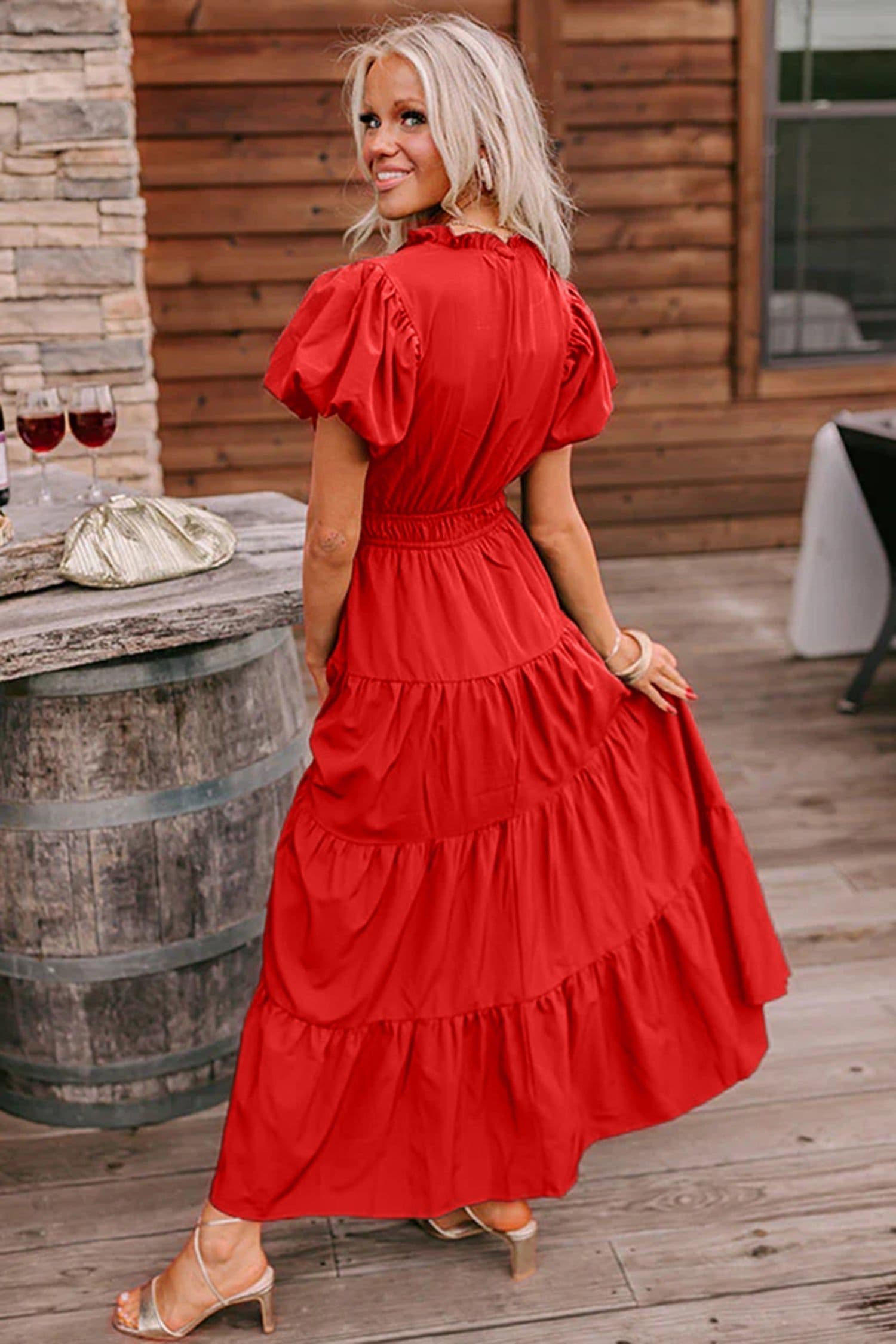 image-Bright Green V Neck Puff Sleeve High Waist Tiered Maxi