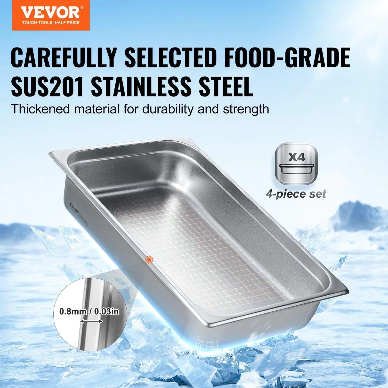 image-VEVOR 4 Pack Hotel Pans, Full Size Anti-Jam Steam Pan with Lid, 0.8mm Thick Stainless Steel Steam Table Pan, 4-Inch Deep Commercial Table Pan, Catering Storage Food Pan, for Industrial & Scientific