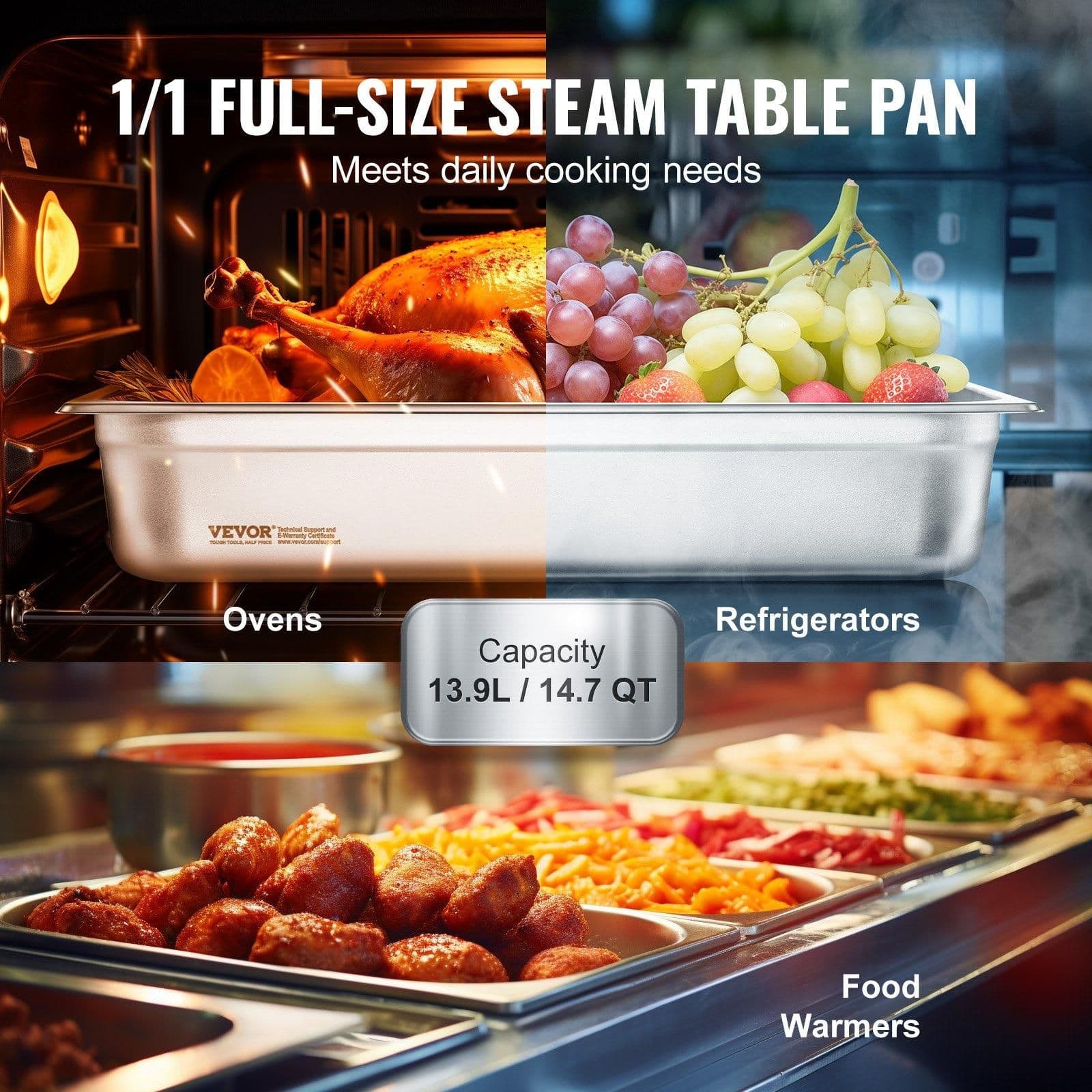 image-VEVOR 4 Pack Hotel Pans, Full Size Anti-Jam Steam Pan with Lid, 0.8mm Thick Stainless Steel Steam Table Pan, 4-Inch Deep Commercial Table Pan, Catering Storage Food Pan, for Industrial & Scientific