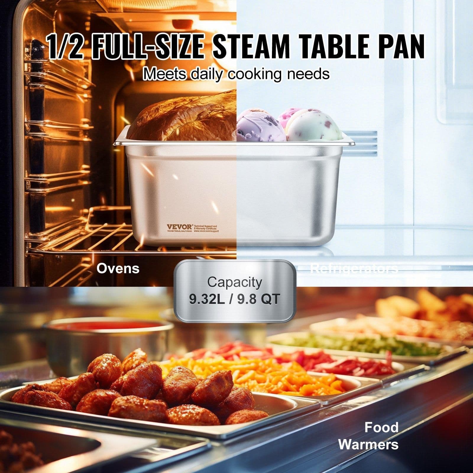 image-VEVOR 6 Pack Hotel Pans, 1/2 Size Anti-Jam Steam Pan, 0.8mm Thick Stainless Steel Restaurant Steam Table Pan, 6-Inch Deep Commercial Table Pan, Catering Storage Food Pan, for Industrial & Scientific