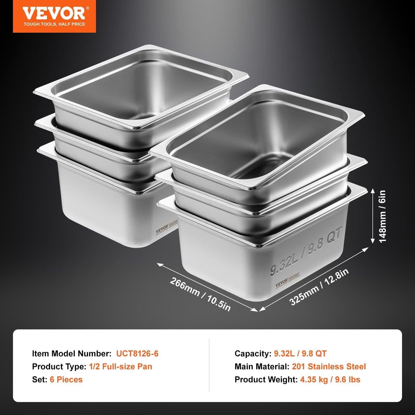 image-VEVOR 6 Pack Hotel Pans, 1/2 Size Anti-Jam Steam Pan, 0.8mm Thick Stainless Steel Restaurant Steam Table Pan, 6-Inch Deep Commercial Table Pan, Catering Storage Food Pan, for Industrial & Scientific