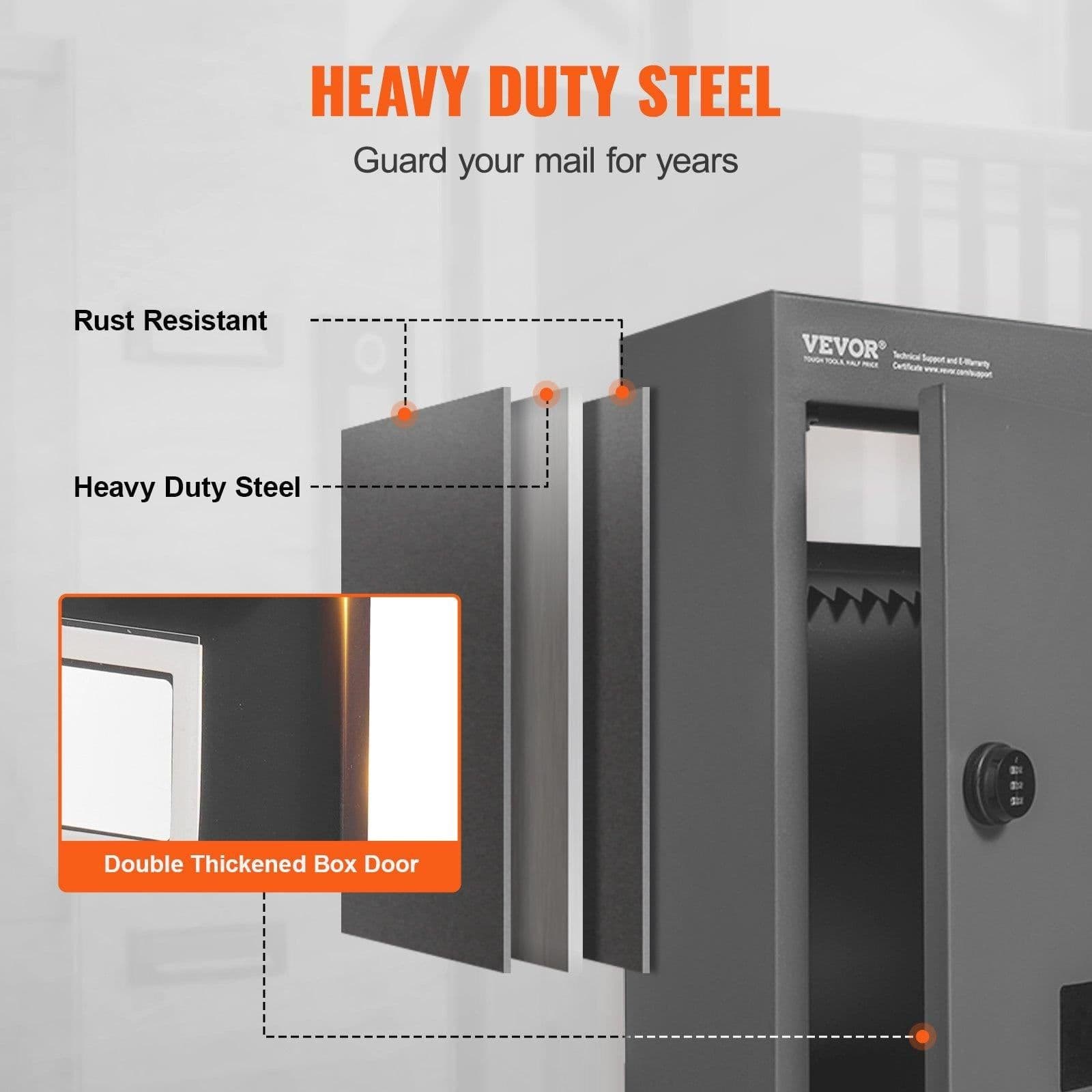 image-VEVOR Through The Wall Drop Box, Heavy Duty Steel Through the Wall Mailbox with 2.8-7.9" 13" Combination Lock, 12.5x6.3x16.9" Mail Drop Box, Dark Gray