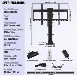 image-VEVOR Automated TV Elevator, 39.4" Stroke, Supports 32-70" TVs, Adjustable Height 28.74-68.11", Remote Controlled, Max Load 154 lbs