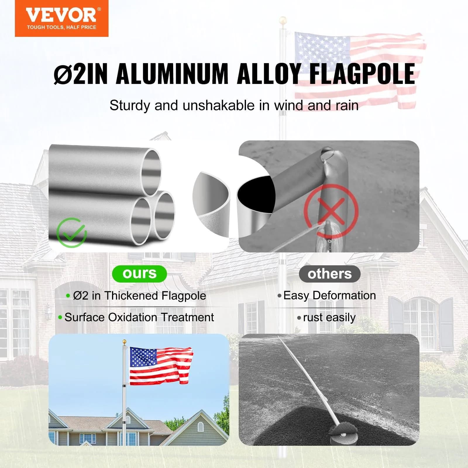 image-VEVOR 30FT Telescoping Flag pole Kit, Heavy Duty Aluminum Alloy in Ground Flag Poles for Outside, 3 Display Modes Flagpole with 3x5 American Flag, Professional Accessories, Silver