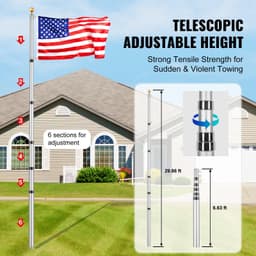 image-VEVOR 30FT Telescoping Flag pole Kit, Heavy Duty Aluminum Alloy in Ground Flag Poles for Outside, 3 Display Modes Flagpole with 3x5 American Flag, Professional Accessories, Silver