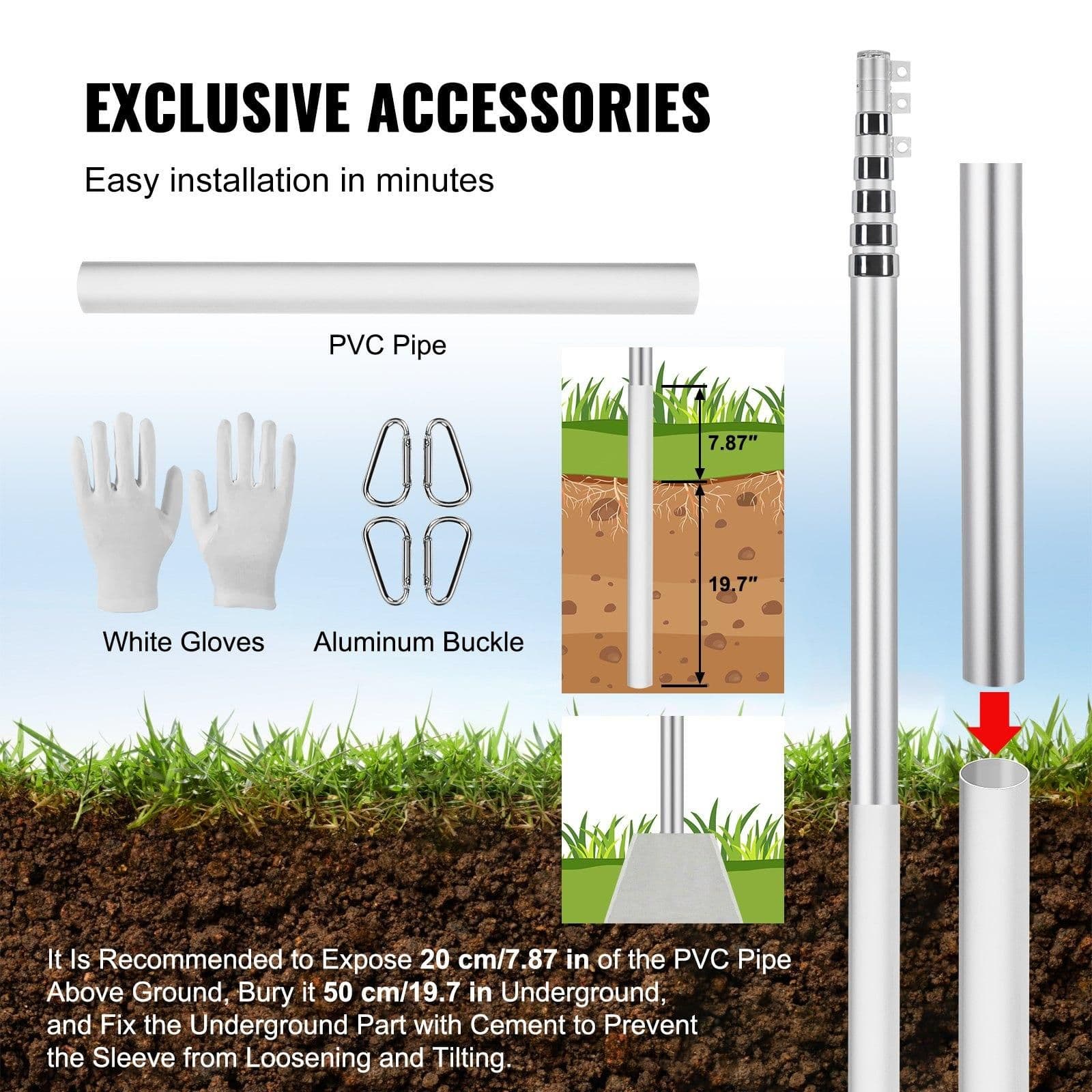 image-VEVOR 30FT Telescoping Flag pole Kit, Heavy Duty Aluminum Alloy in Ground Flag Poles for Outside, 3 Display Modes Flagpole with 3x5 American Flag, Professional Accessories, Silver