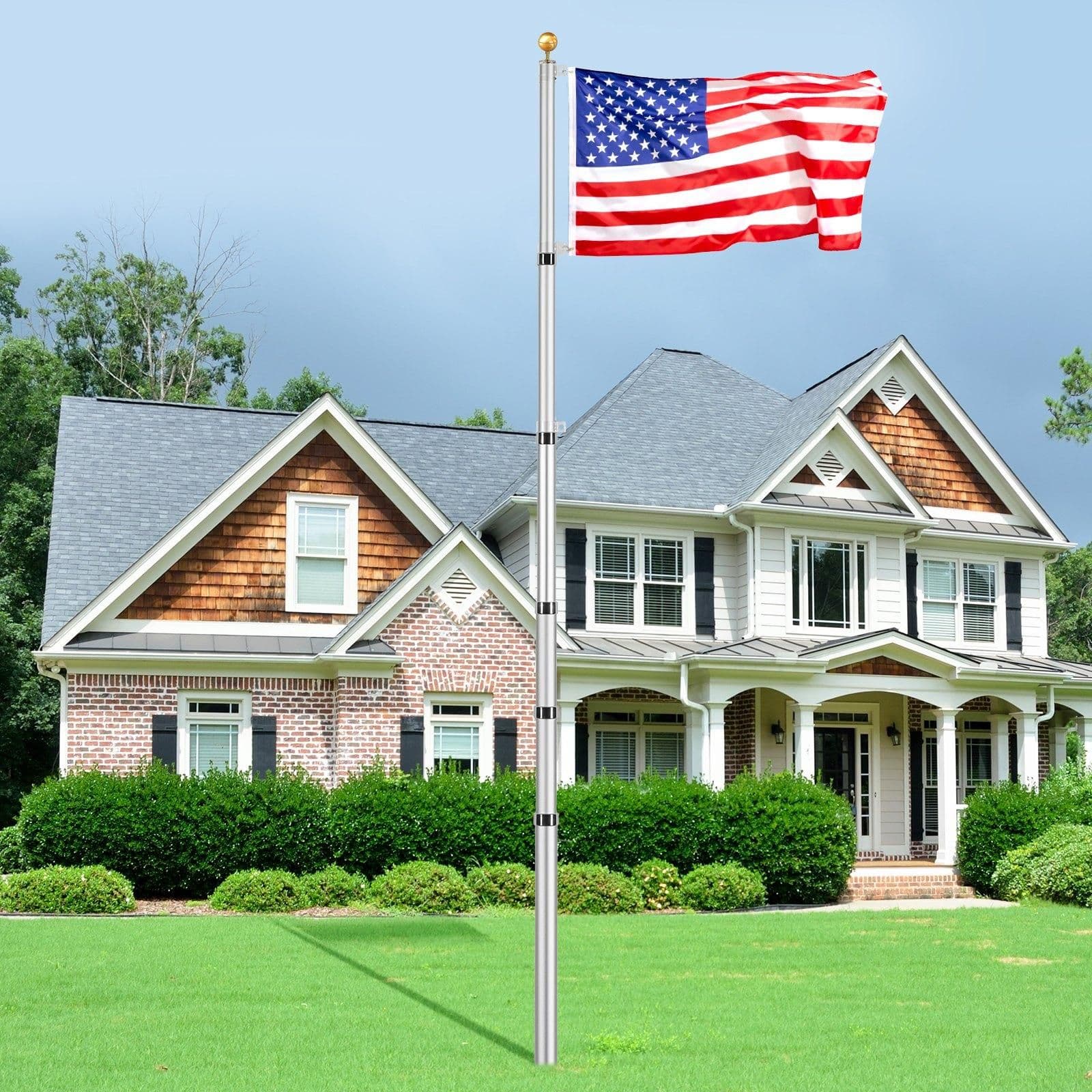 image-VEVOR 30FT Telescoping Flag pole Kit, Heavy Duty Aluminum Alloy in Ground Flag Poles for Outside, 3 Display Modes Flagpole with 3x5 American Flag, Professional Accessories, Silver