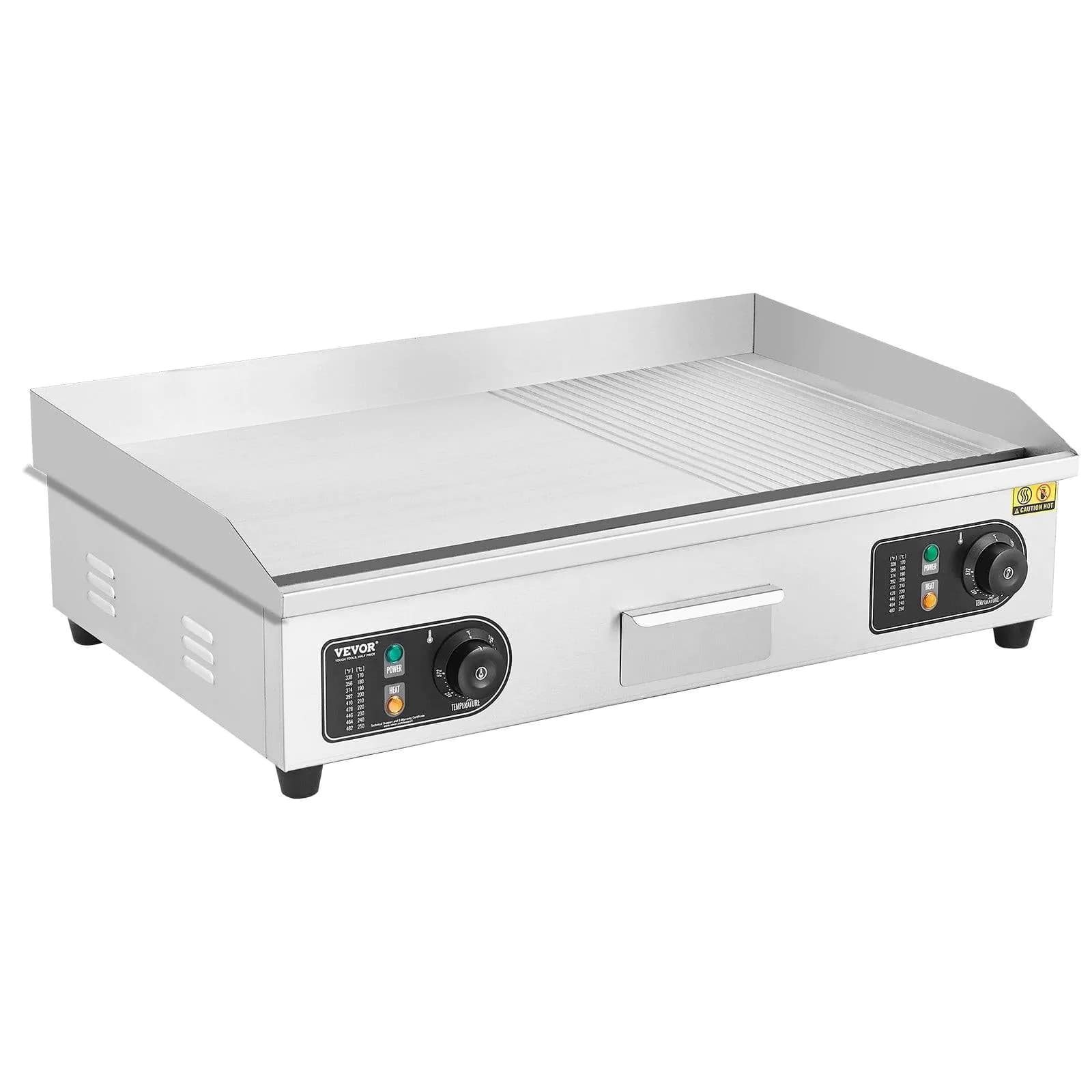 image-VEVOR Commercial Electric Griddle, 2800W Countertop Half-Flat Top Grill, 122℉-572℉ Adjustable Temp, 28.74x15.75x0.39in Stainless Steel Griddle Grill with 2 Shovels for Home or Restaurant (No Plug)