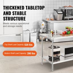 image-VEVOR Stainless Steel Prep Table, 30 x 60 x 34 Inch, 910 lbs Load Capacity, Heavy Duty Metal Worktable with 3 Adjustable Height Levels, Commercial Workstation for Kitchen Garage Restaurant Backyard
