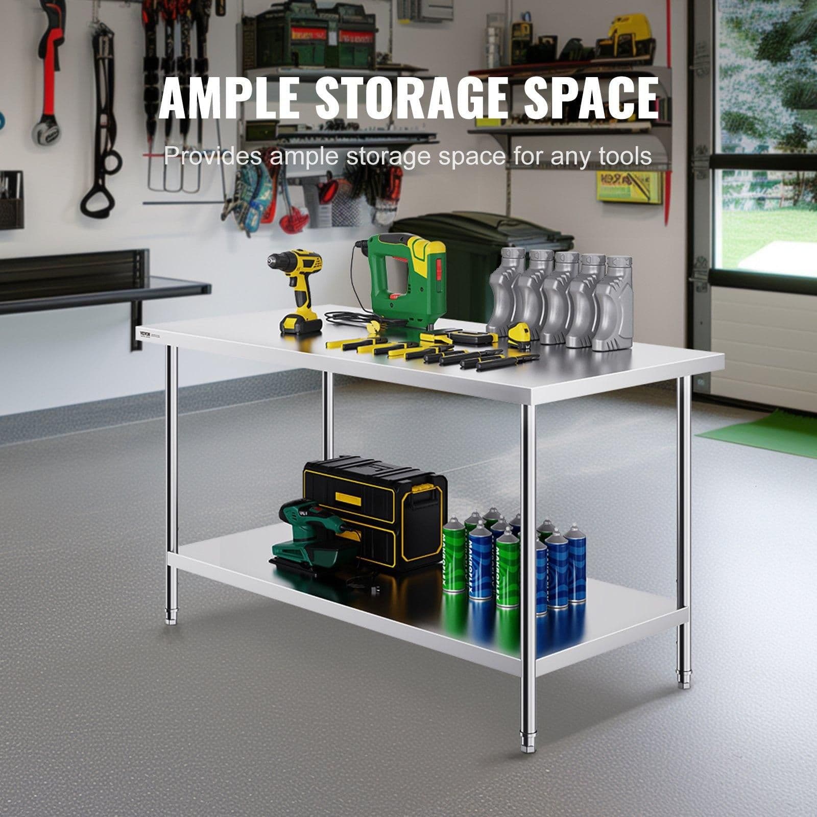 image-VEVOR Stainless Steel Prep Table, 30 x 60 x 34 Inch, 910 lbs Load Capacity, Heavy Duty Metal Worktable with 3 Adjustable Height Levels, Commercial Workstation for Kitchen Garage Restaurant Backyard