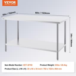 image-VEVOR Stainless Steel Prep Table, 30 x 60 x 34 Inch, 910 lbs Load Capacity, Heavy Duty Metal Worktable with 3 Adjustable Height Levels, Commercial Workstation for Kitchen Garage Restaurant Backyard