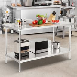 image-VEVOR Stainless Steel Prep Table, 30 x 60 x 34 Inch, 910 lbs Load Capacity, Heavy Duty Metal Worktable with 3 Adjustable Height Levels, Commercial Workstation for Kitchen Garage Restaurant Backyard