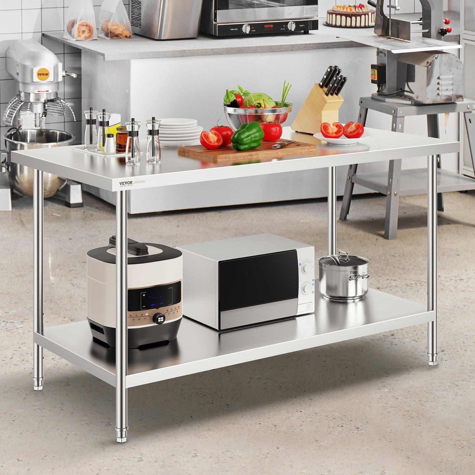 image-VEVOR Stainless Steel Prep Table, 30 x 60 x 34 Inch, 910 lbs Load Capacity, Heavy Duty Metal Worktable with 3 Adjustable Height Levels, Commercial Workstation for Kitchen Garage Restaurant Backyard