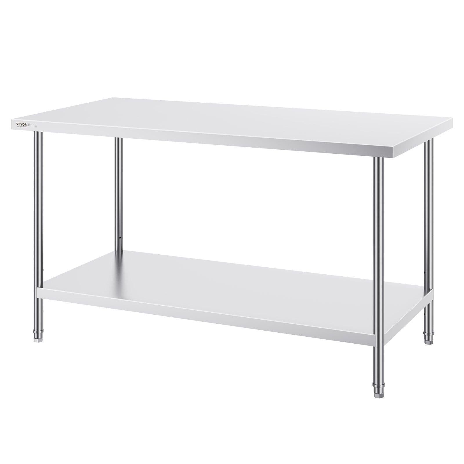 image-VEVOR Stainless Steel Prep Table, 30 x 60 x 34 Inch, 910 lbs Load Capacity, Heavy Duty Metal Worktable with 3 Adjustable Height Levels, Commercial Workstation for Kitchen Garage Restaurant Backyard