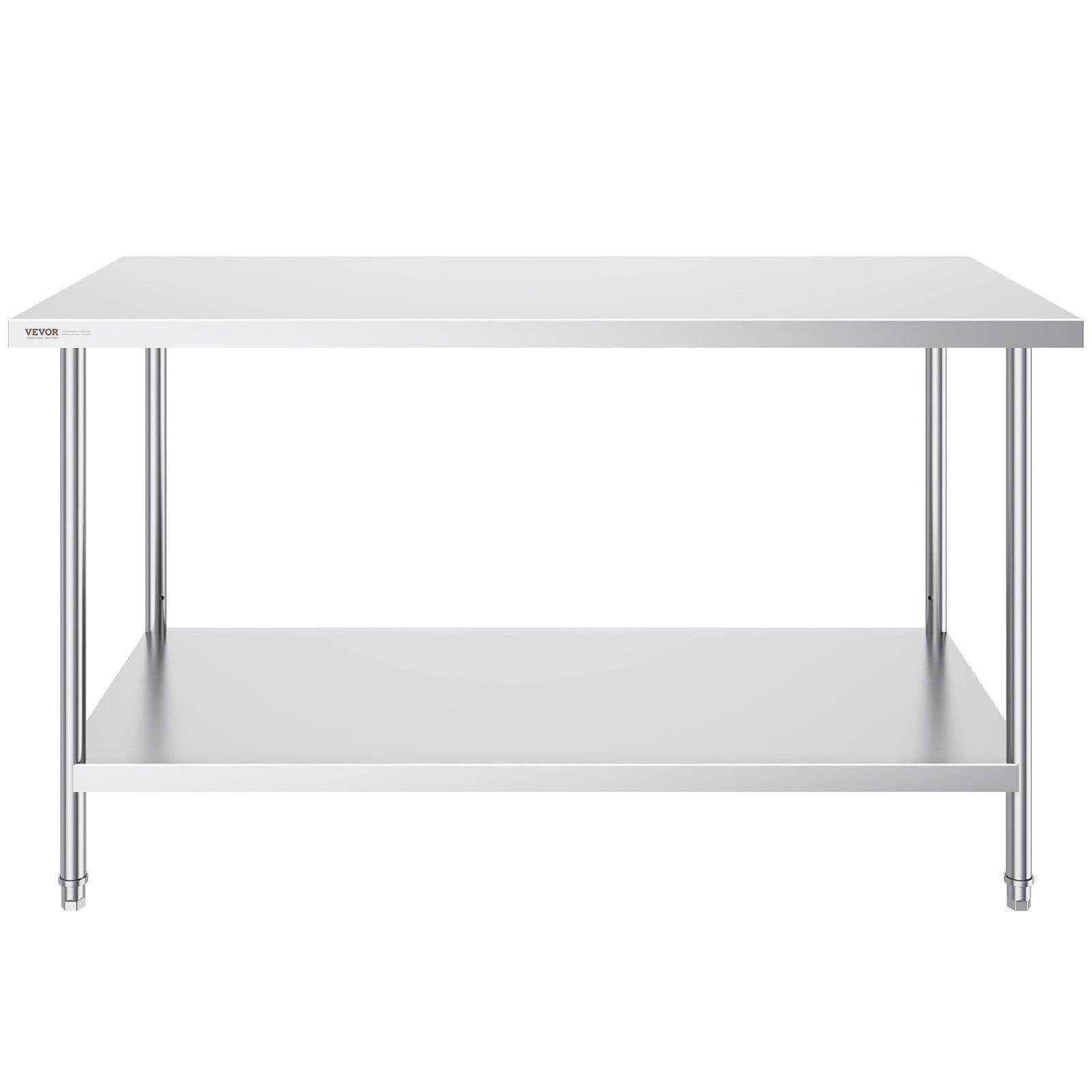 image-VEVOR Stainless Steel Prep Table, 30 x 60 x 34 Inch, 910 lbs Load Capacity, Heavy Duty Metal Worktable with 3 Adjustable Height Levels, Commercial Workstation for Kitchen Garage Restaurant Backyard