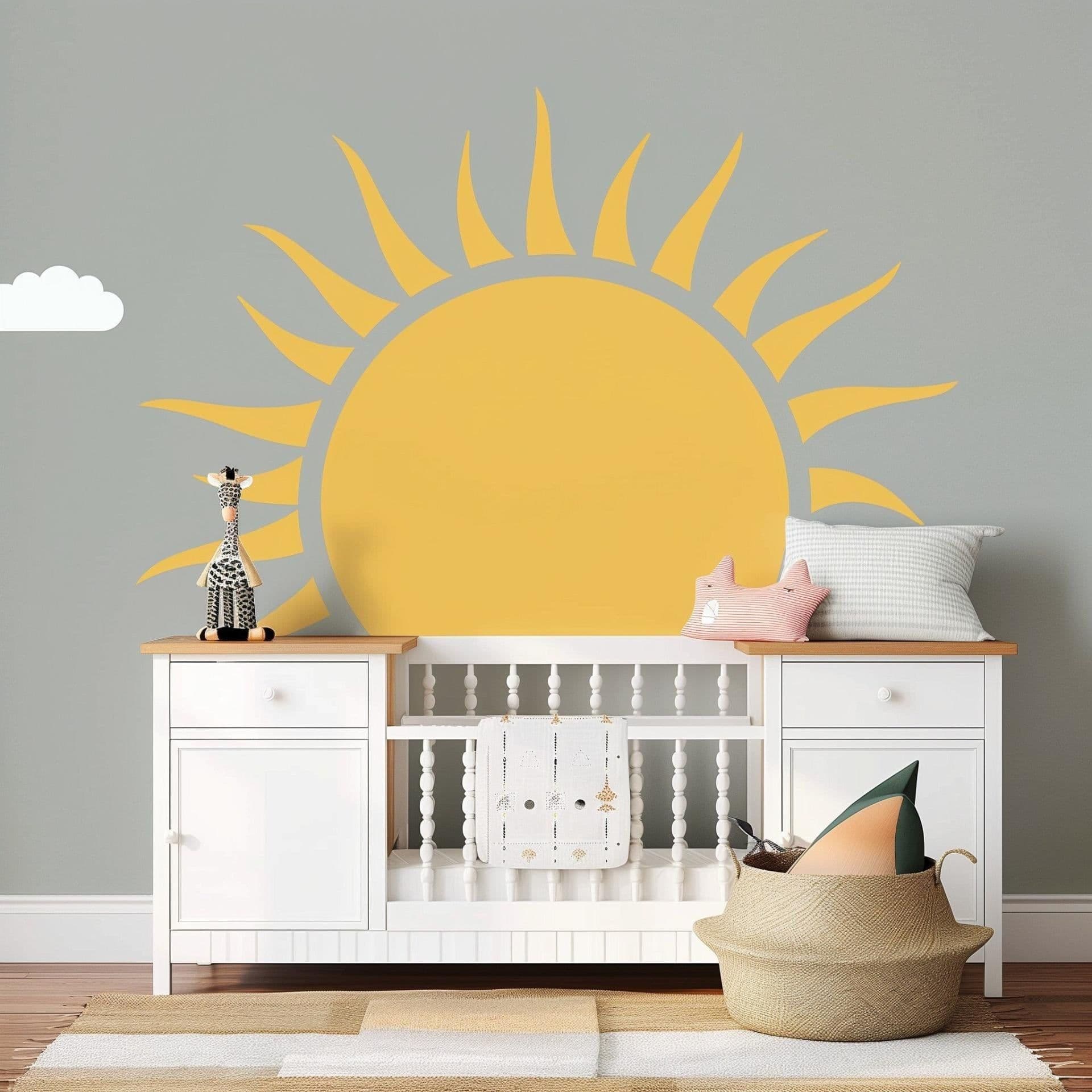 image-Large Half Sun Wall Decal | Cheerful Nursery Wall Art Sticker | Kids Room Sunshine Decor | Baby Room Wall Decoration