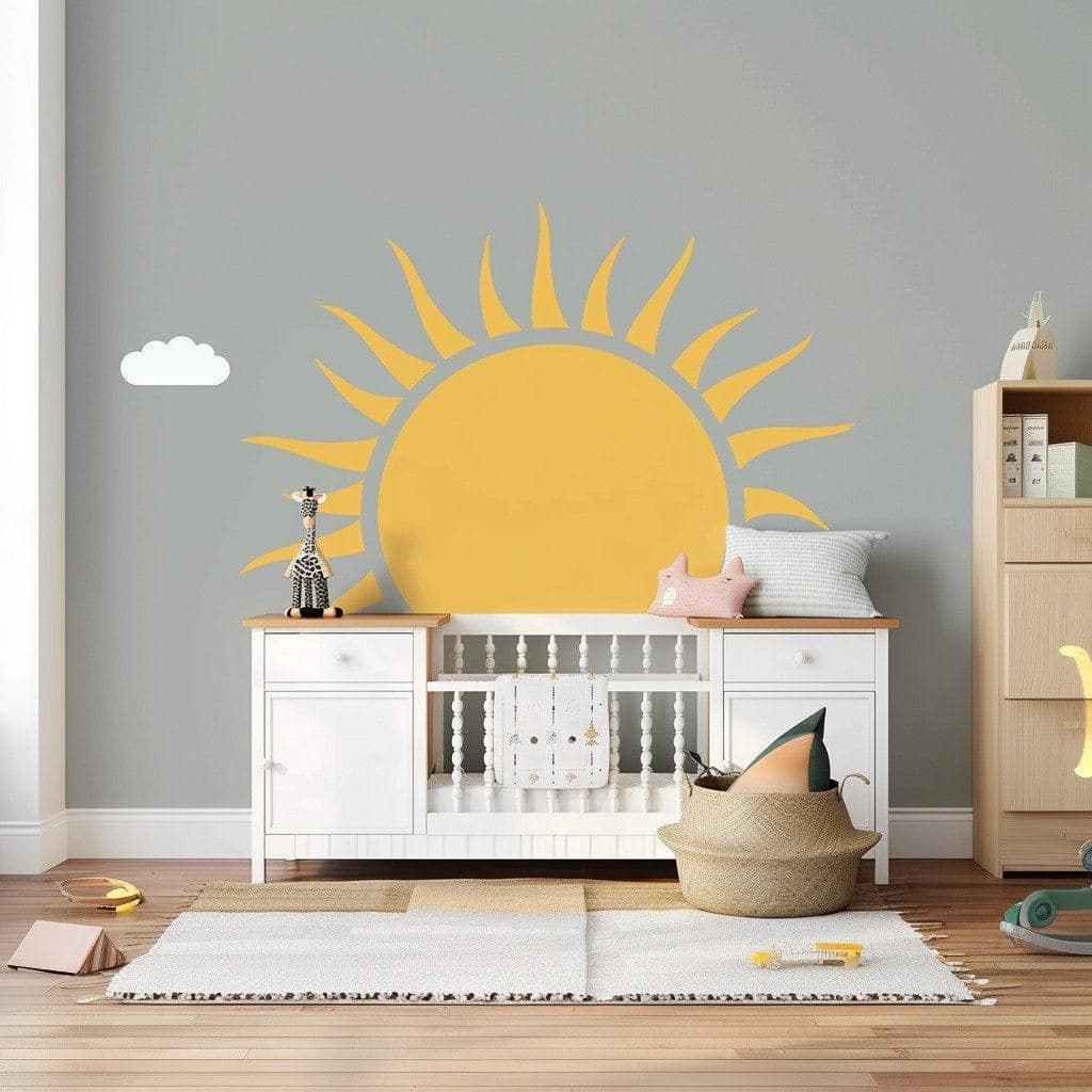 image-Large Half Sun Wall Decal | Cheerful Nursery Wall Art Sticker | Kids Room Sunshine Decor | Baby Room Wall Decoration