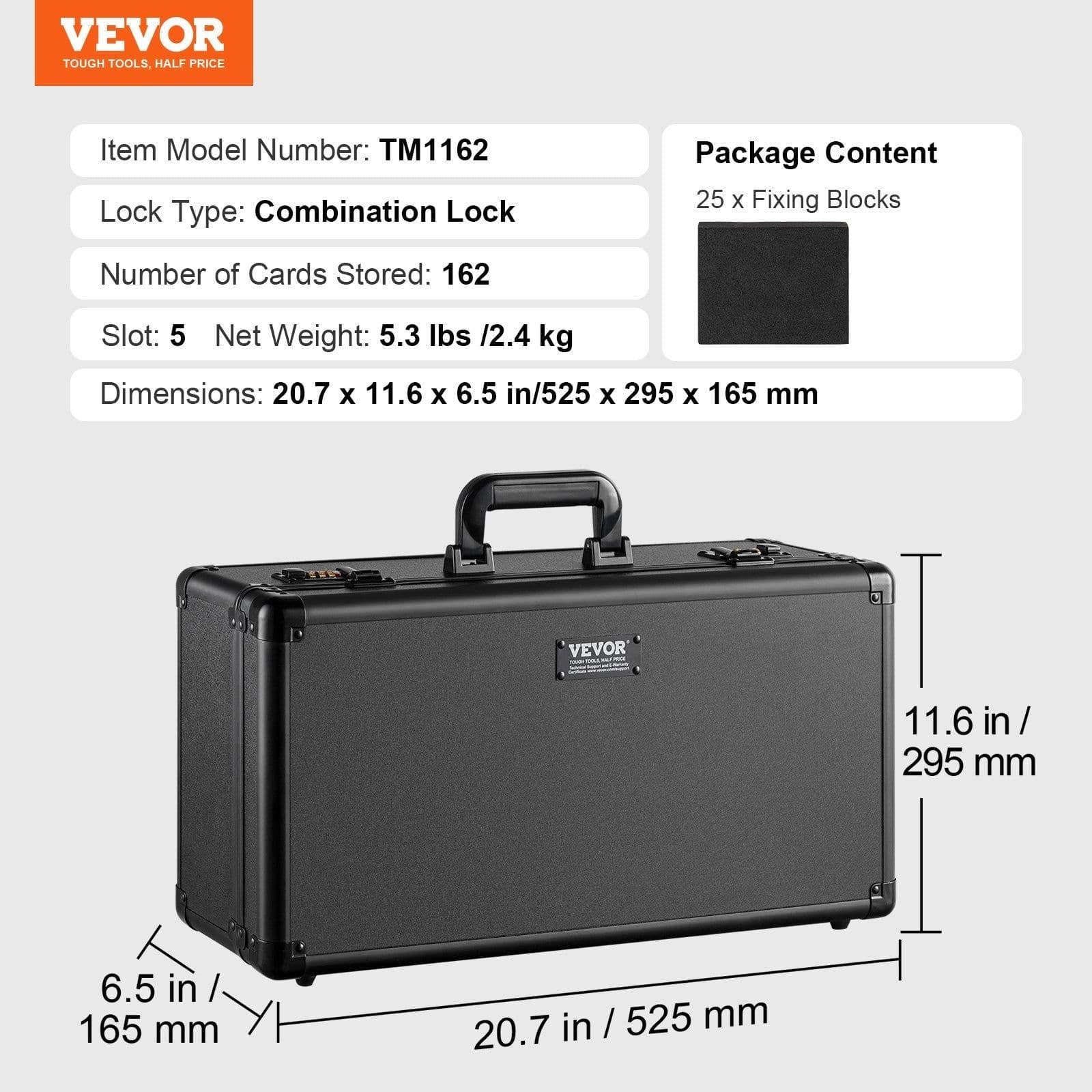 image-VEVOR Graded Card Storage Box, 5 Slots, Graded Sports Cards Holder Carrying Case with Coded Lock Foam Dividers, for 162 PSA Graded Cards 115 BGS Cards 130 SGC Cards 585 Top Loaders or 999+ Loose Cards