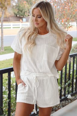 image-Pale Chestnut Textured Patched Pocket Short Sleeve Top Drawstring Shorts Set