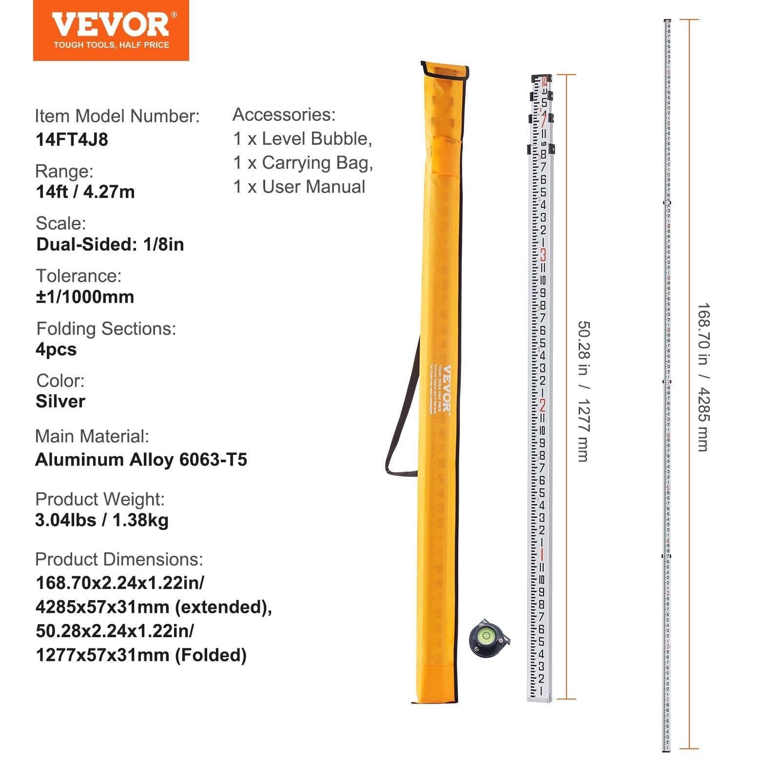 image-VEVOR Measuring Rod 14-Feet/8ths 4 Sections Telescopic Grade Rod 1/8in w/ Bag
