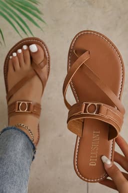 image-Chestnut Cross Toe Leather Flat Slippers with Metal Buckle