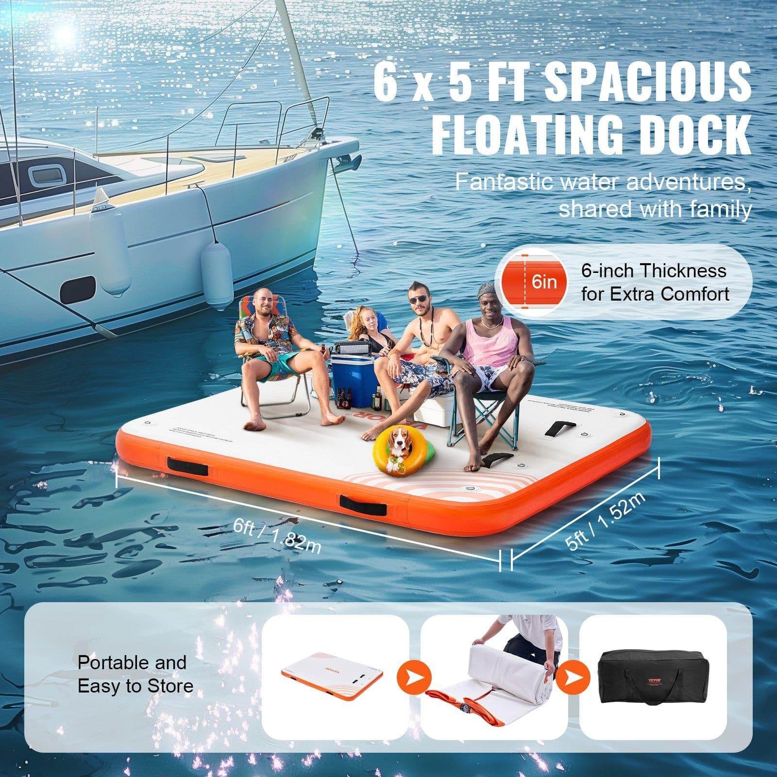 image-VEVOR Inflatable Floating Dock, 6 x 5FT Inflatable Dock Platform, Non-Slip Water Floating Dock Mat with Portable Carrying Bag & Detachable Ladder, Floating Platform Island Raft for Pool Beach Ocean