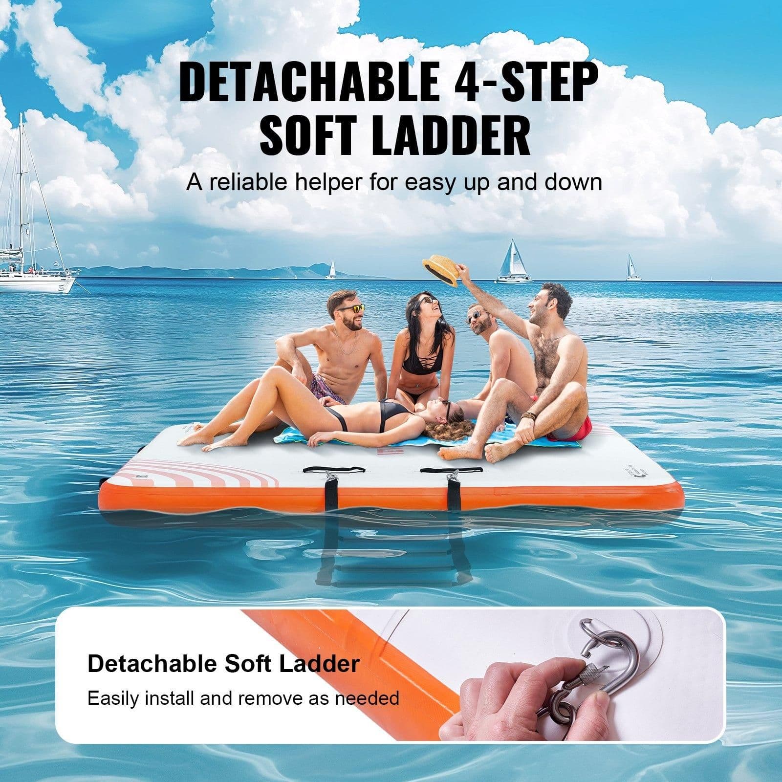 image-VEVOR Inflatable Floating Dock, 6 x 5FT Inflatable Dock Platform, Non-Slip Water Floating Dock Mat with Portable Carrying Bag & Detachable Ladder, Floating Platform Island Raft for Pool Beach Ocean