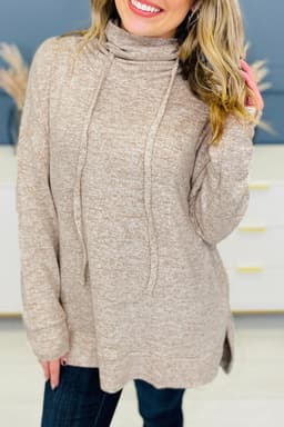 image-Apricot Drawstring Cowl Neck Long Sleeve Split Top