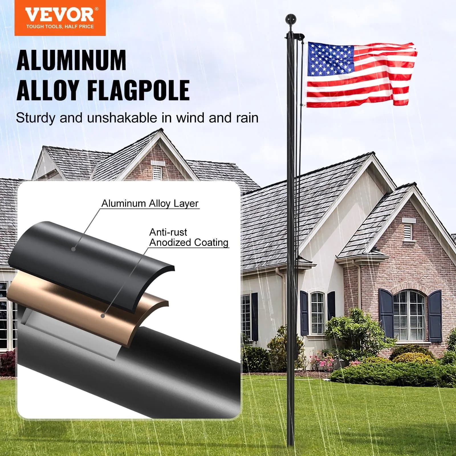 image-VEVOR 30FT Sectional Flag pole Kit, Heavy Duty Aluminum Alloy in Ground Flag poles for Outside, 3 Display Modes Flagpole with 3x5 American Flag, Professional Accessories, Black