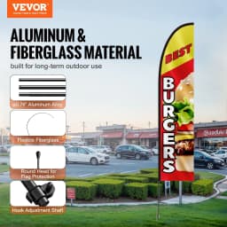 image-VEVOR Burger Restaurant Advertising Feather Flag with Pole Kit, Advertising Flags for Business Outside, Includes 1 Banner Flag, 1 Pole, 1 Ground Stake, Swooper Flag for Businesses 16.3 FT
