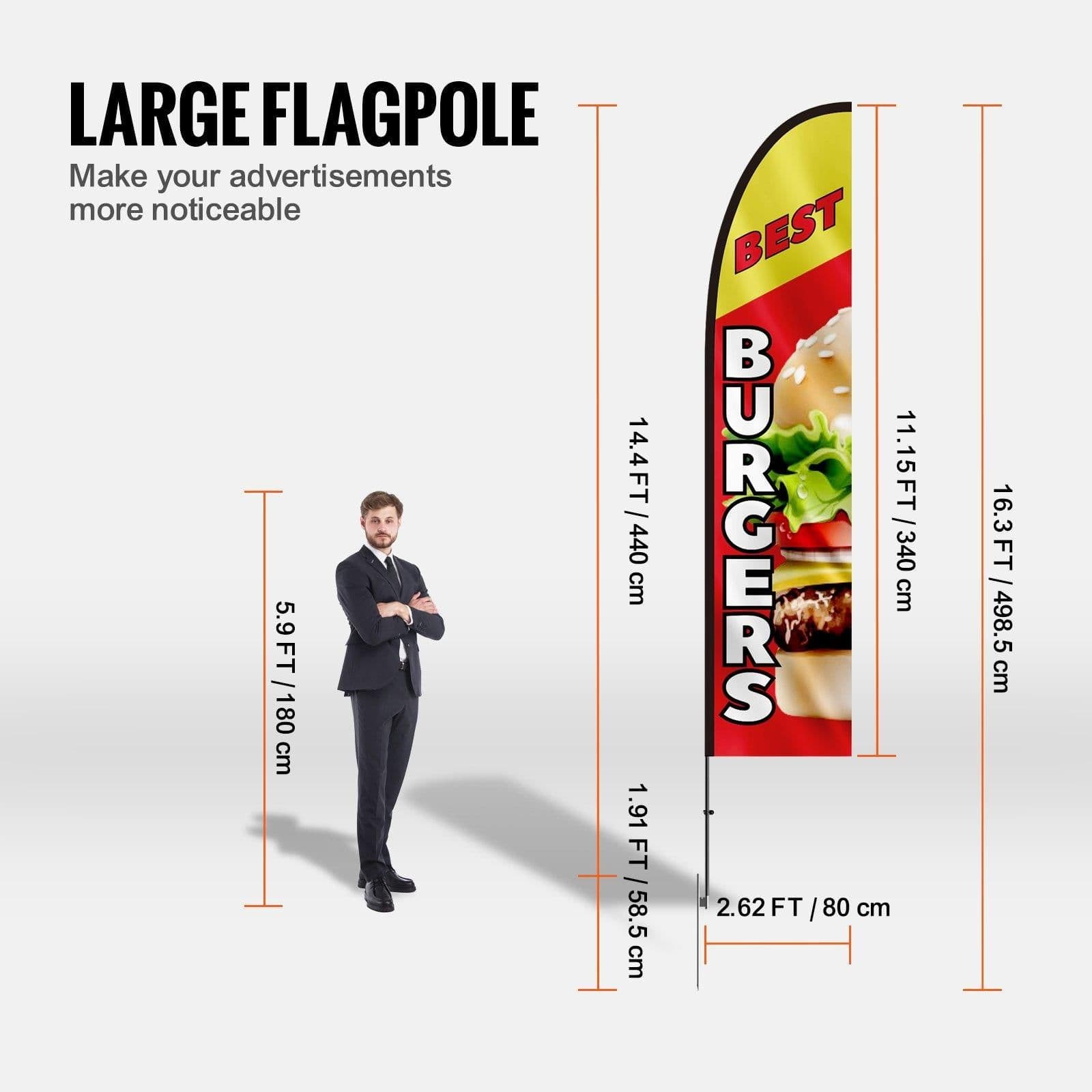 image-VEVOR Burger Restaurant Advertising Feather Flag with Pole Kit, Advertising Flags for Business Outside, Includes 1 Banner Flag, 1 Pole, 1 Ground Stake, Swooper Flag for Businesses 16.3 FT