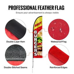 image-VEVOR Burger Restaurant Advertising Feather Flag with Pole Kit, Advertising Flags for Business Outside, Includes 1 Banner Flag, 1 Pole, 1 Ground Stake, Swooper Flag for Businesses 16.3 FT