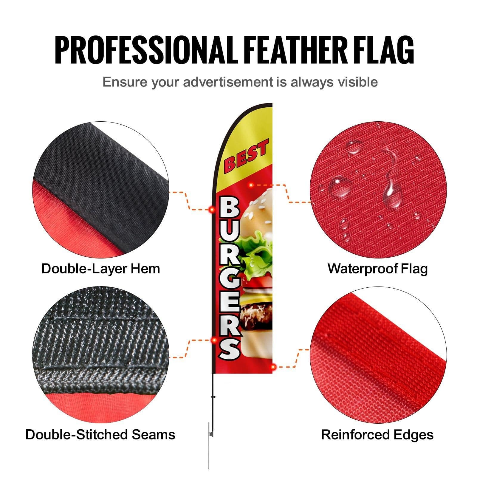 image-VEVOR Burger Restaurant Advertising Feather Flag with Pole Kit, Advertising Flags for Business Outside, Includes 1 Banner Flag, 1 Pole, 1 Ground Stake, Swooper Flag for Businesses 16.3 FT
