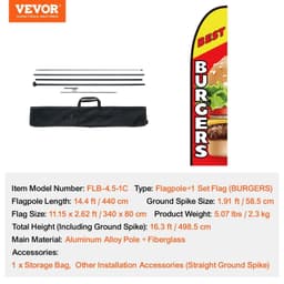 image-VEVOR Burger Restaurant Advertising Feather Flag with Pole Kit, Advertising Flags for Business Outside, Includes 1 Banner Flag, 1 Pole, 1 Ground Stake, Swooper Flag for Businesses 16.3 FT
