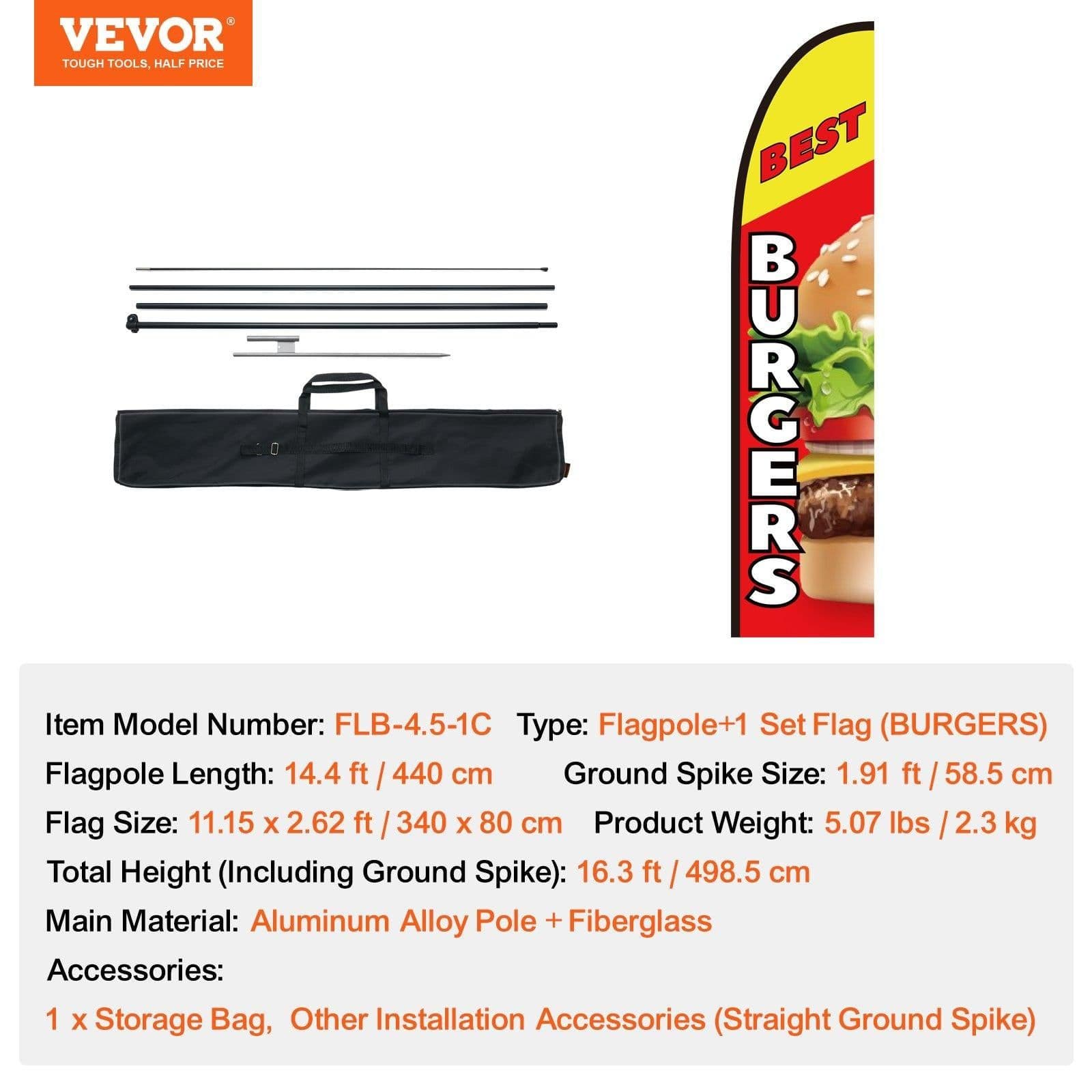 image-VEVOR Burger Restaurant Advertising Feather Flag with Pole Kit, Advertising Flags for Business Outside, Includes 1 Banner Flag, 1 Pole, 1 Ground Stake, Swooper Flag for Businesses 16.3 FT