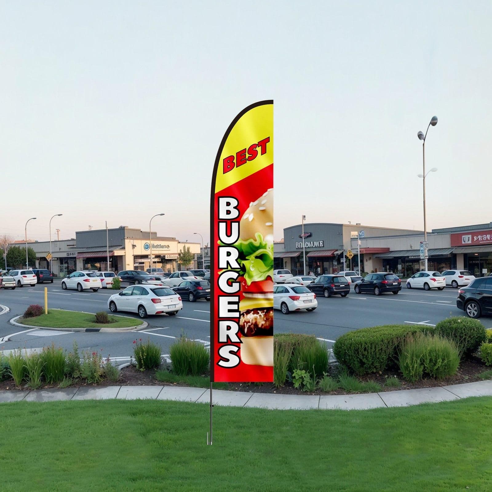 image-VEVOR Burger Restaurant Advertising Feather Flag with Pole Kit, Advertising Flags for Business Outside, Includes 1 Banner Flag, 1 Pole, 1 Ground Stake, Swooper Flag for Businesses 16.3 FT
