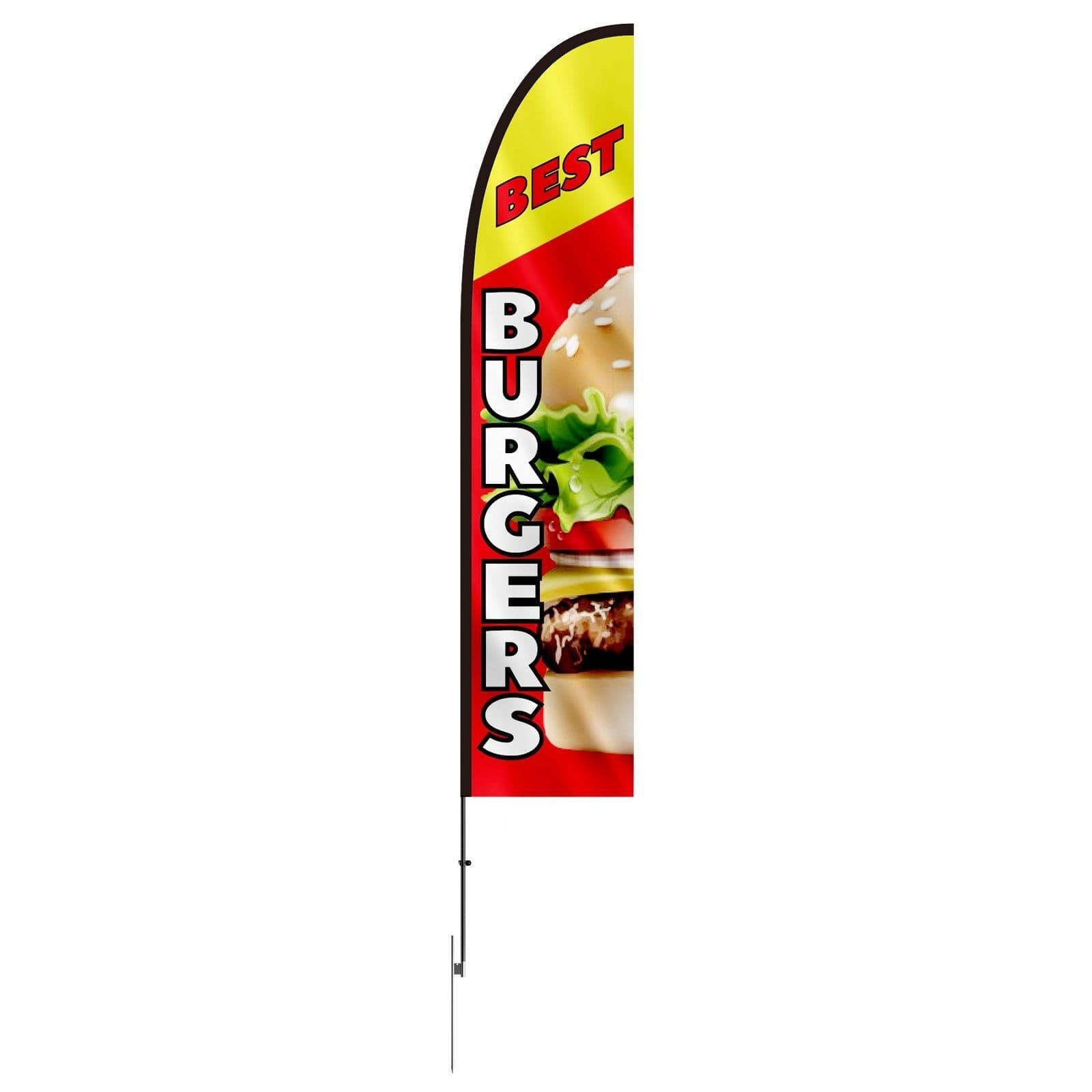 image-VEVOR Burger Restaurant Advertising Feather Flag with Pole Kit, Advertising Flags for Business Outside, Includes 1 Banner Flag, 1 Pole, 1 Ground Stake, Swooper Flag for Businesses 16.3 FT