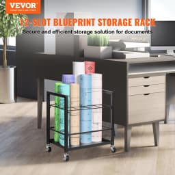 image-VEVOR Blueprint Storage Rack, 12 Slots Blueprint Holder with Wheels, Mobile Metal Blueprint Storage Cart for Map Poster Architectural Construction Plan, Roll File Organizer for Home, Office, School
