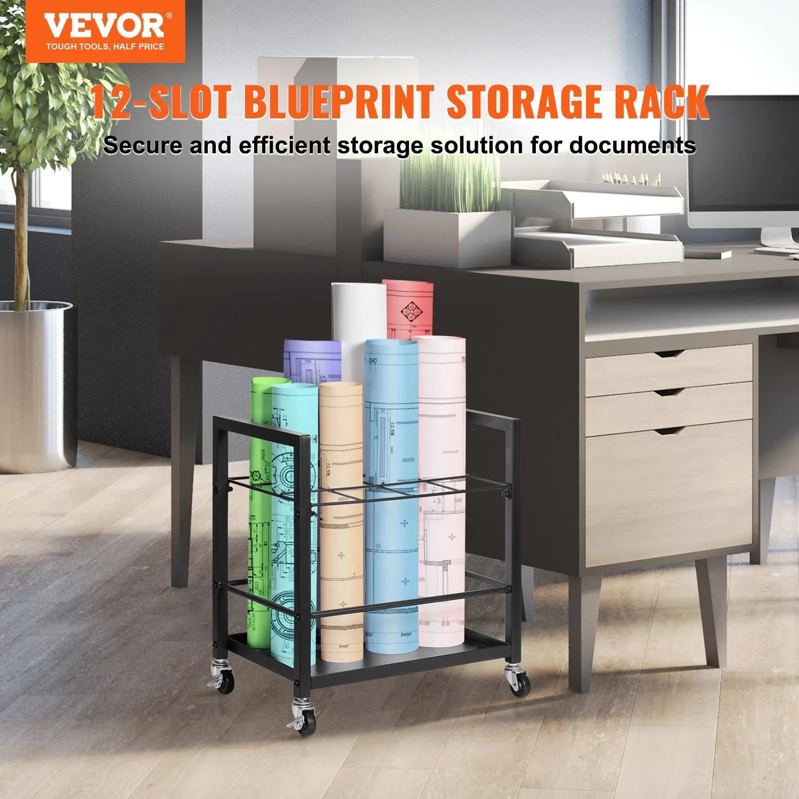 image-VEVOR Blueprint Storage Rack, 12 Slots Blueprint Holder with Wheels, Mobile Metal Blueprint Storage Cart for Map Poster Architectural Construction Plan, Roll File Organizer for Home, Office, School