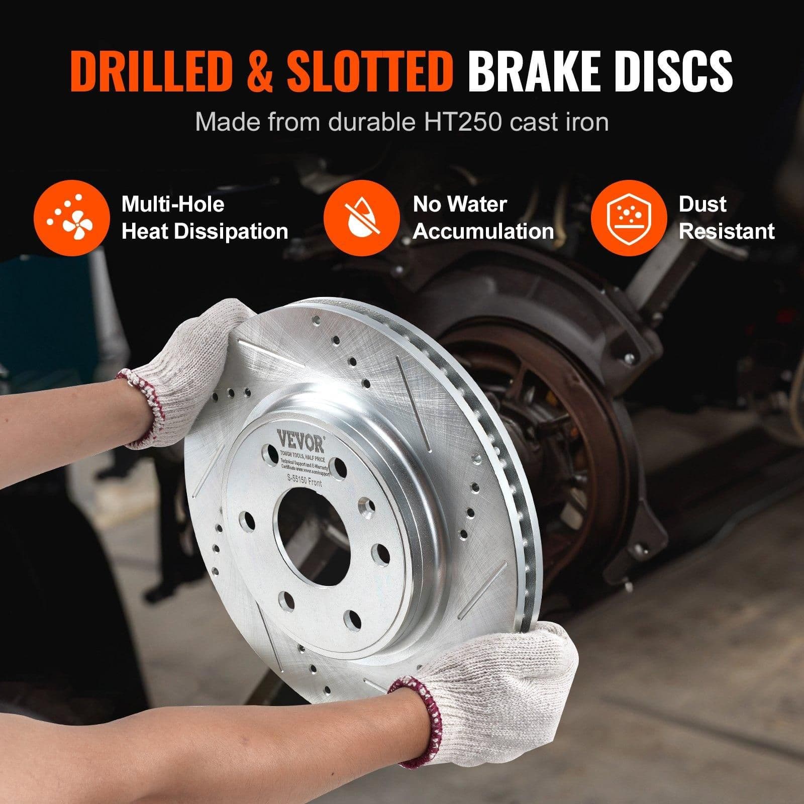 image-VEVOR Front Brake Kit Compatible with 2007-2017 Chevy Traverse, Buick Enclave, GMC Acadia, Saturn Outlook, Drilled and Slotted Brake Rotors Ceramic Brake Pads Replacement Kit, 12.8" Front Rotors