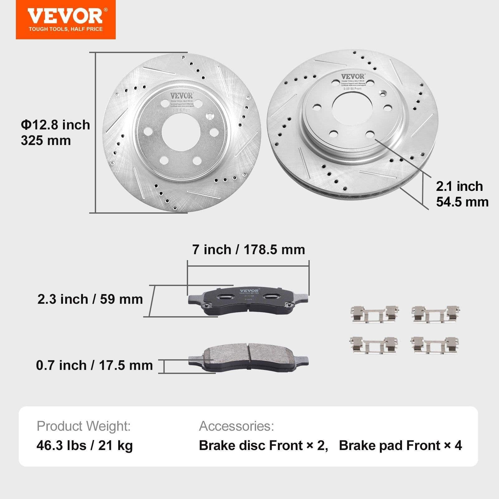 image-VEVOR Front Brake Kit Compatible with 2007-2017 Chevy Traverse, Buick Enclave, GMC Acadia, Saturn Outlook, Drilled and Slotted Brake Rotors Ceramic Brake Pads Replacement Kit, 12.8" Front Rotors