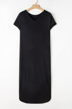 image-Black V Neck Splits Maxi T-shirt Dress, Lightweight, Breathable, S-XL