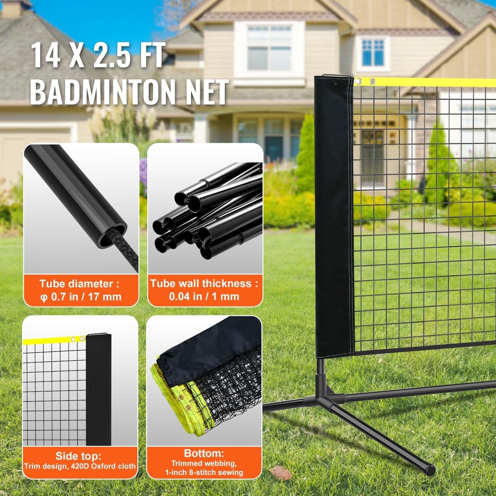 image-VEVOR Badminton Net, Height Adjustable Volleyball Net, 14ft Wide Foldable Pickleball Net, Portable Easy Setup Tennis Net Set with Poles, Stand and Carry Bag, for Kids Backyard Game Indoor Outdoor Use