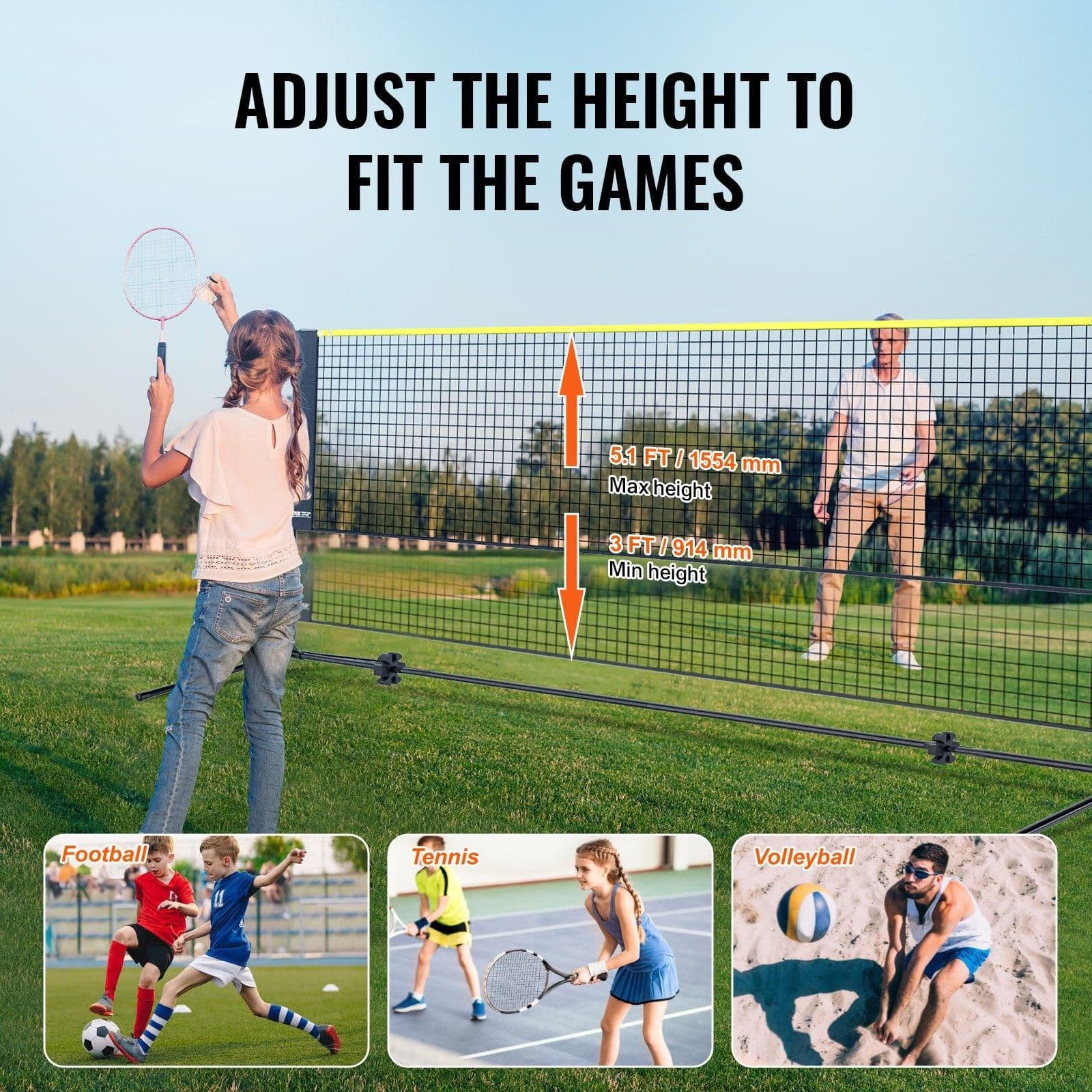 image-VEVOR Badminton Net, Height Adjustable Volleyball Net, 14ft Wide Foldable Pickleball Net, Portable Easy Setup Tennis Net Set with Poles, Stand and Carry Bag, for Kids Backyard Game Indoor Outdoor Use