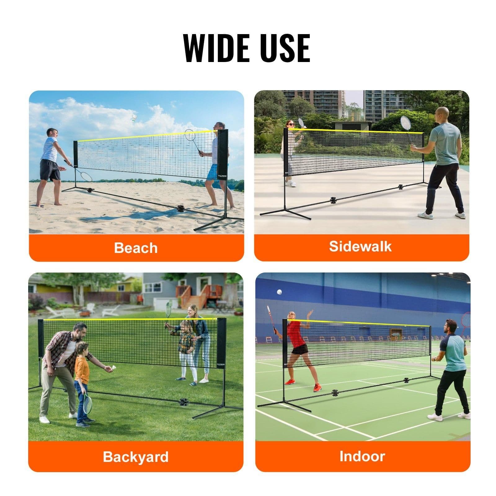 image-VEVOR Badminton Net, Height Adjustable Volleyball Net, 14ft Wide Foldable Pickleball Net, Portable Easy Setup Tennis Net Set with Poles, Stand and Carry Bag, for Kids Backyard Game Indoor Outdoor Use