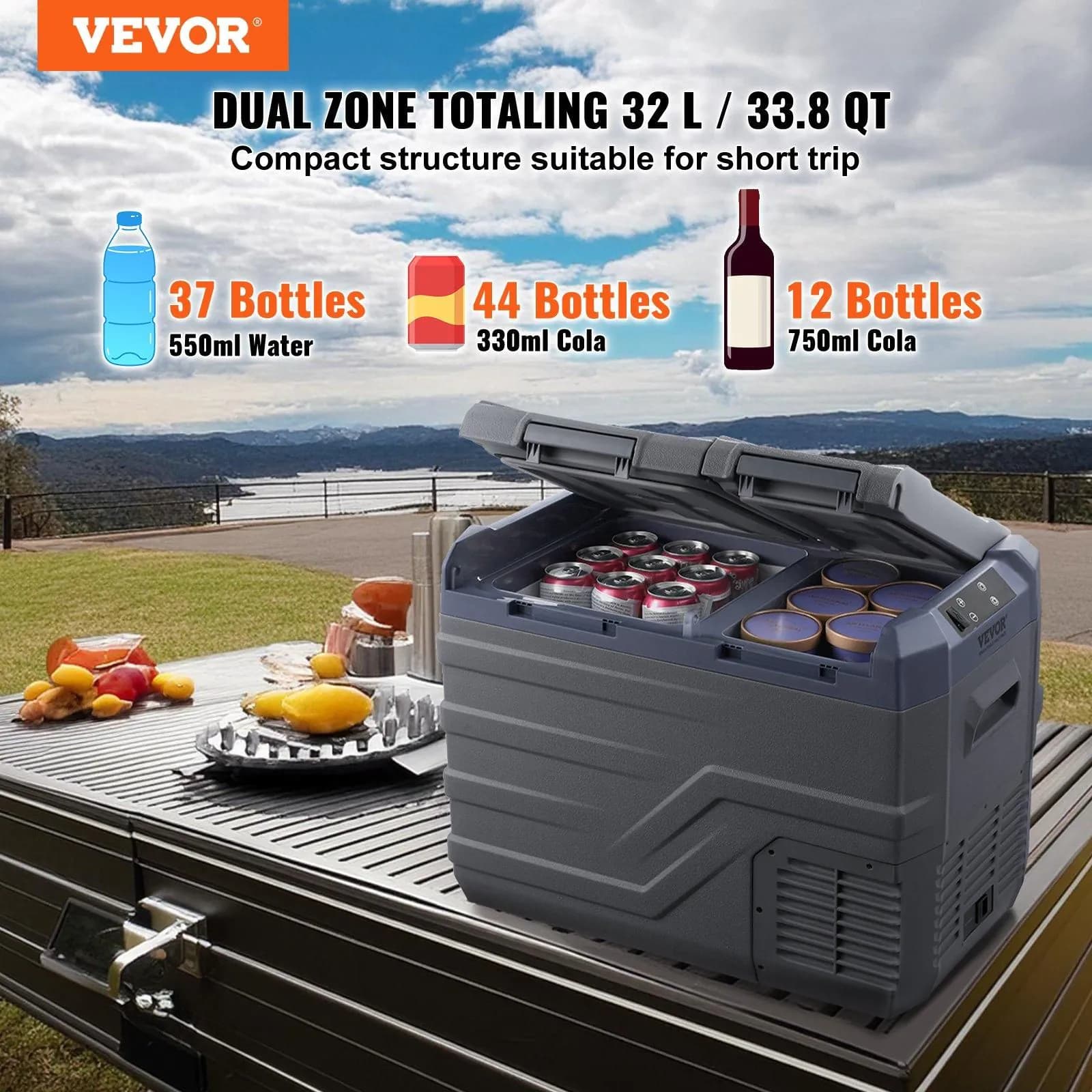 image-VEVOR Car Refrigerator, 12 Volt Car Refrigerator Fridge, 32 L Dual Zone Portable Freezer, -4℉-68℉ Adjustable Range, 12/24V DC and 100-240V AC Compressor Cooler for Outdoor, Camping, RV