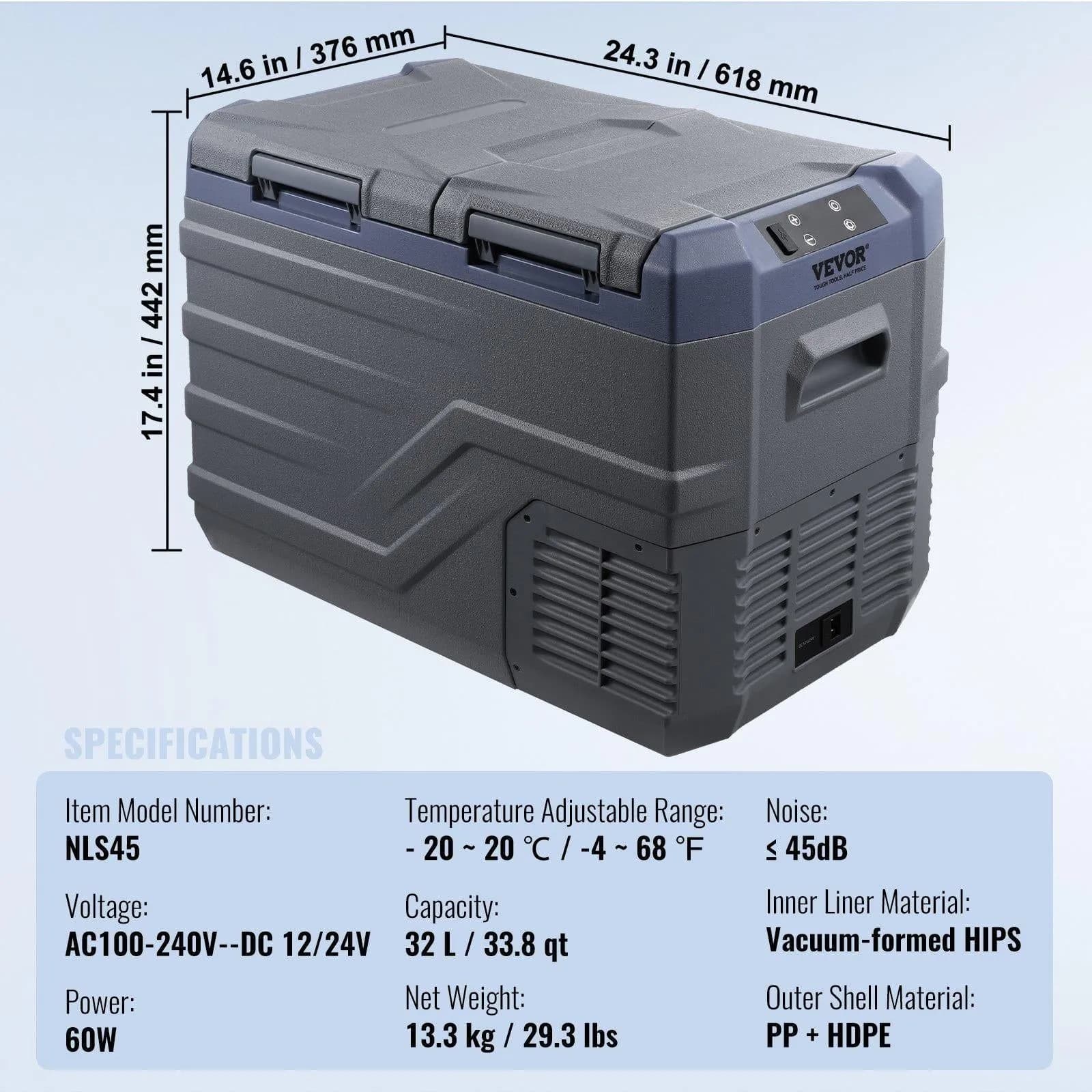 image-VEVOR Car Refrigerator, 12 Volt Car Refrigerator Fridge, 32 L Dual Zone Portable Freezer, -4℉-68℉ Adjustable Range, 12/24V DC and 100-240V AC Compressor Cooler for Outdoor, Camping, RV