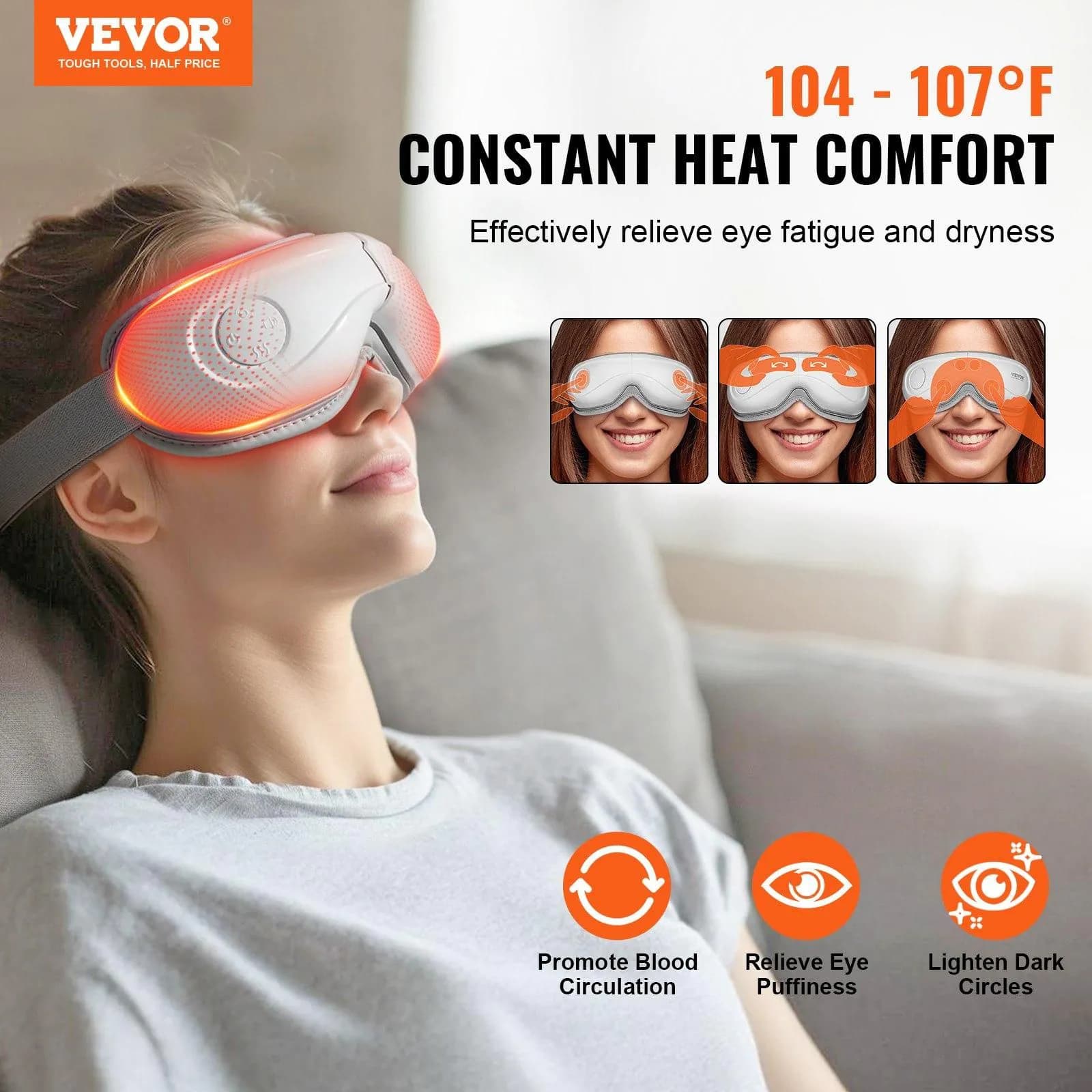 image-VEVOR Heated Eye Massager Eye Care Device 5 Modes Bluetooth Music 180° Foldable