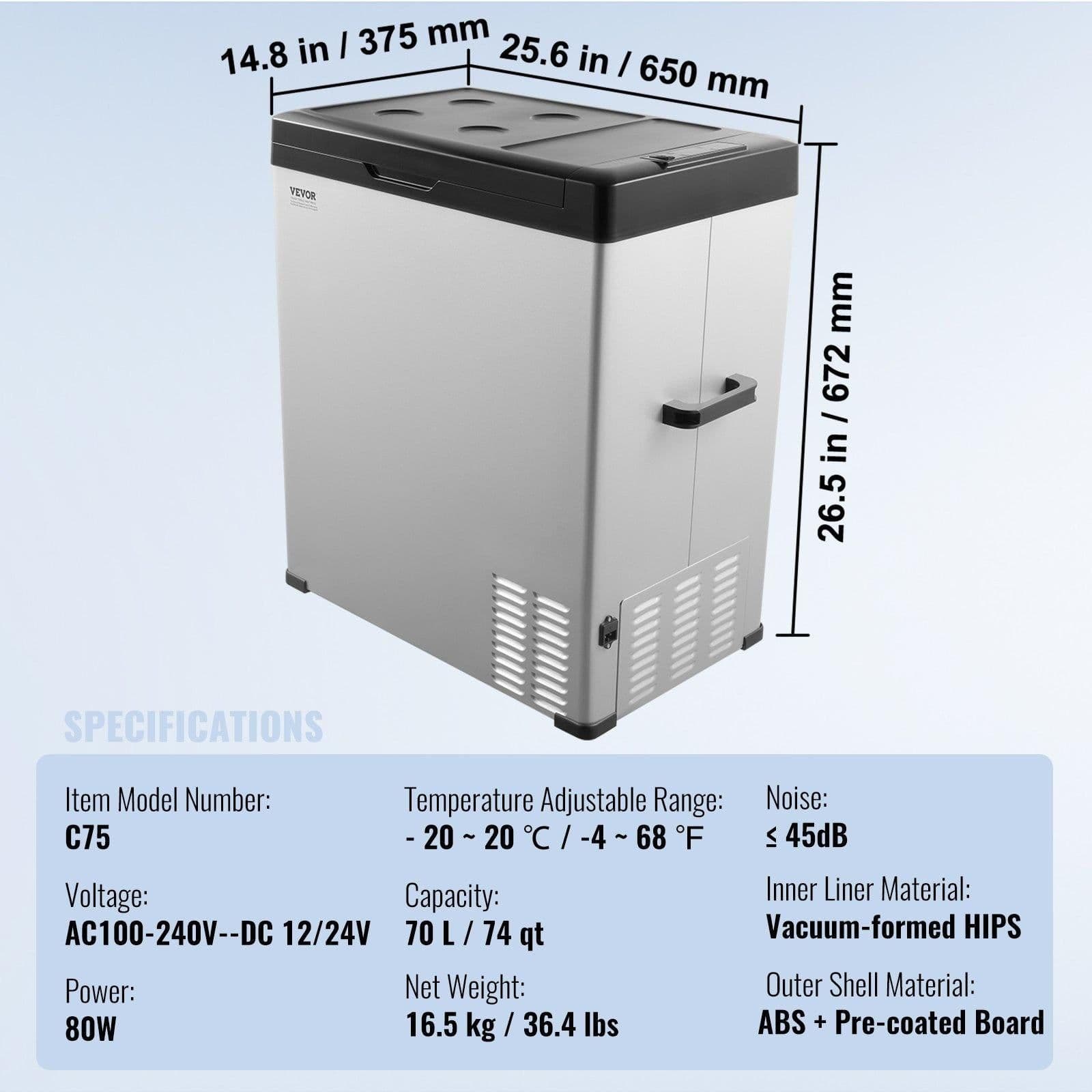 image-VEVOR Car Refrigerator, 12 Volt Car Refrigerator Fridge, 70 L Single Zone Portable Freezer, -4℉-68℉ Adjustable Range, 12/24V DC and 100-240V AC Compressor Cooler for Outdoor, Camping, RV