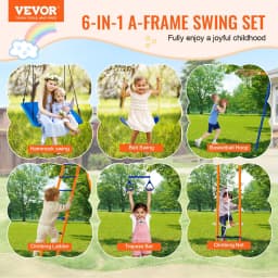 image-VEVOR Swing Sets for Backyard, 6 in 1 Swing Set with 2 Swings, Trapeze Bar, Climbing Ladder, Climbing Net, and Basketball Hoop, 440lbs Load Capacity Heavy-Duty Metal Swingset Outdoor for Kids Ages 3+